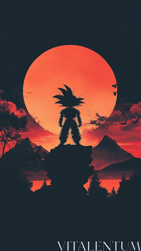Silhouetted warrior crowns a crimson moonlit horizon