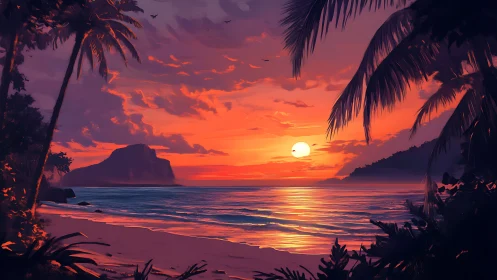 Sunset illuminates tropical shoreline with distant headland