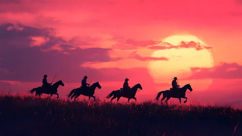 Silhouetted riders traverse grassland under saturated crimson sunset