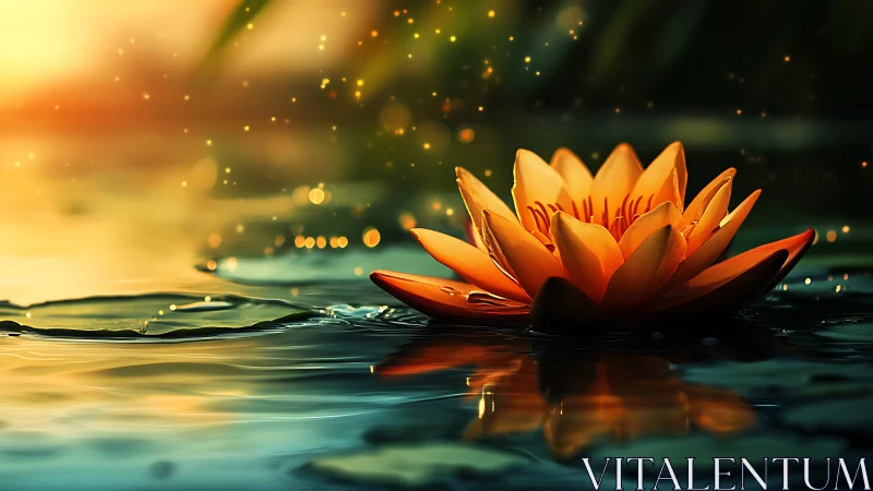 Backlit orange water lily rendered with shallow depth of field