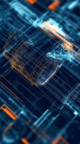 Futuristic cylindrical device in neon technical wireframe