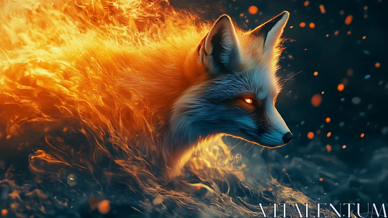 Firelit fox spirit emerges through swirling ember storm.