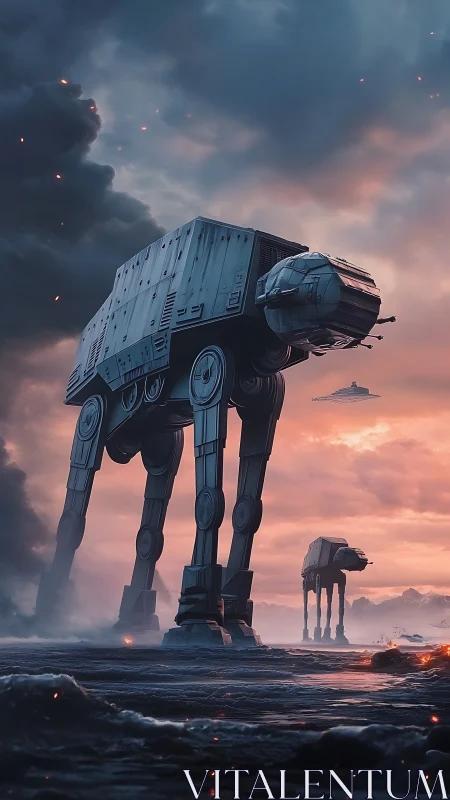 Colossal walkers stride through a stormy, ember lit dusk.