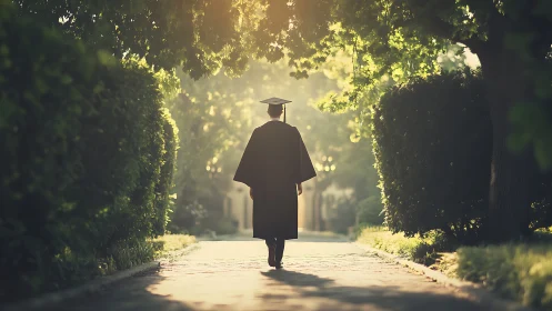 Graduate walks sunlit campus path toward bright future.