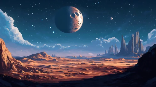 Vast alien desert stretches beneath luminous cratered moon