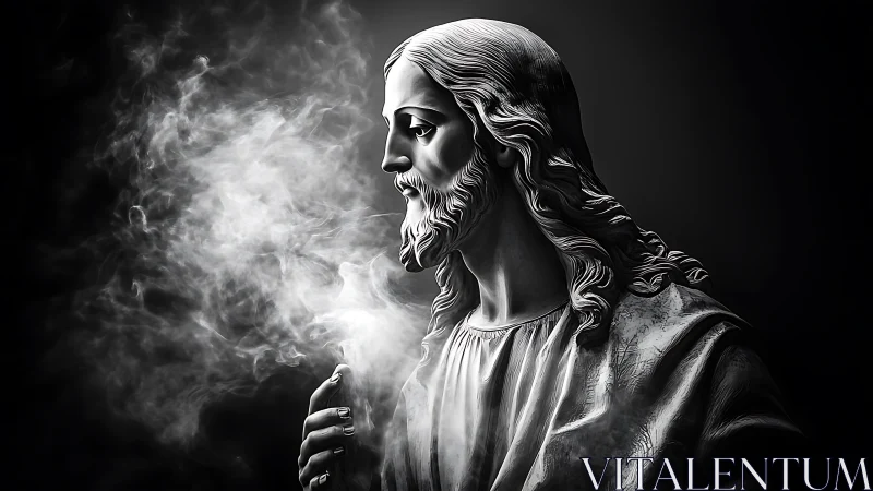 Sacred marble bust in drifting luminous smoke study.