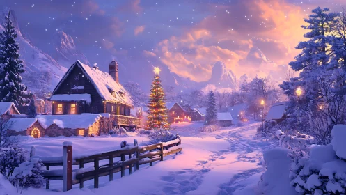 Snow-covered village street is illuminated by winter lighting