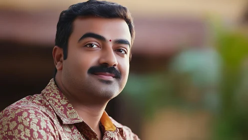 Male subject in patterned shirt against blurred outdoor backdrop.