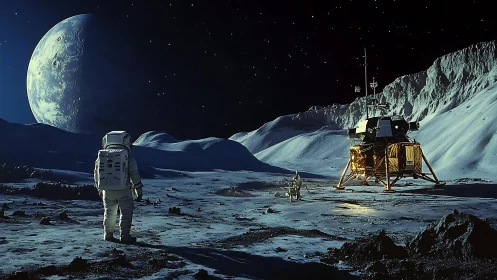 Lunar astronaut and lander under Earthlit crater ridges.