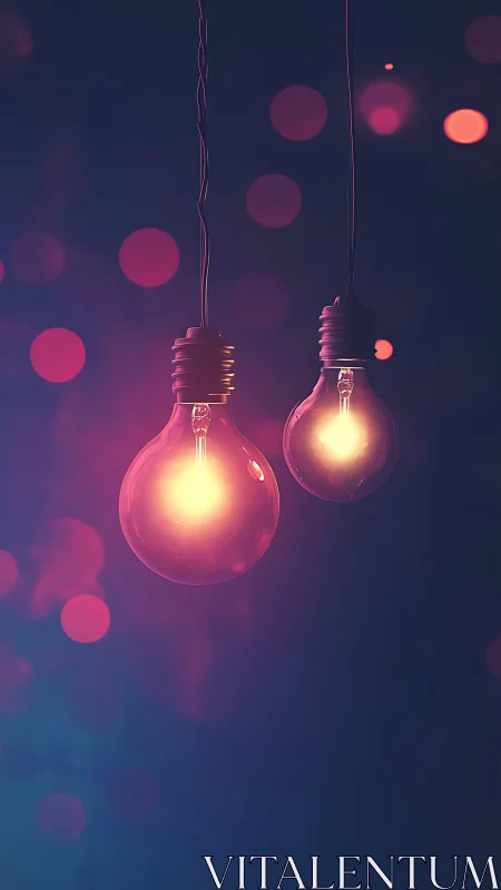 Dual incandescent bulbs emit neon bokeh against deep blue field