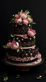 Three-tier black decorated cake with pink peonies
