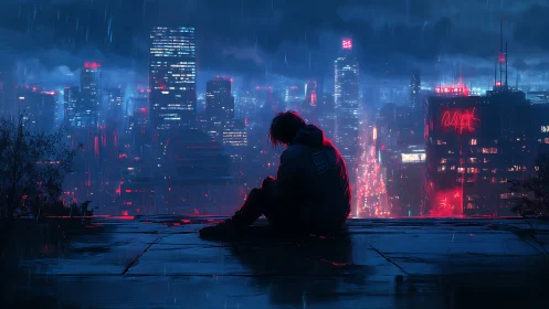 Neon rooftop loner soaking in rainlit cyberpunk sorrow.