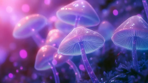 Bioluminescent violet mushrooms in ethereal neon forest.