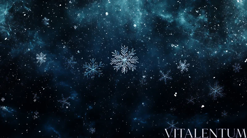 Snowflake patterns dispersed across dark blue sky field.