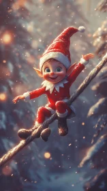 Joyful Christmas elf swinging through snowy forest rope.