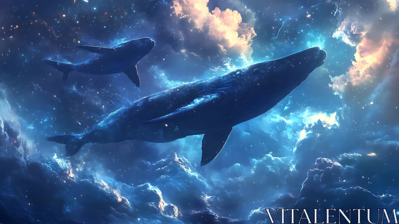 Two whales move through luminous nebula-like cloud fields