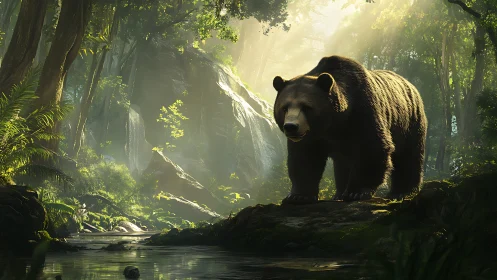 Gentle forest bear wandering through sunlit woodland.