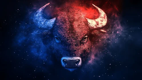 Bison portrait splits into red fury and blue nebula haze.