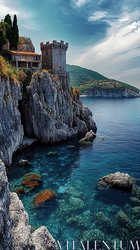 A Medieval Tower Rises Dramatically from Clifftop Overlooking Serene Blue Waters