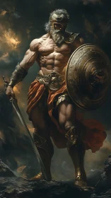 Armored warrior stands with shield and sword in storm