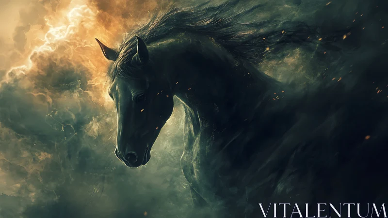 Storm-forged black stallion emerging from burning clouds.