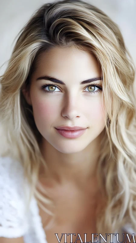 Photorealistic close-up portrait of blonde woman gazing ahead.