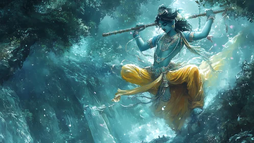 Blue-skinned deity leaping above a glowing forest stream.