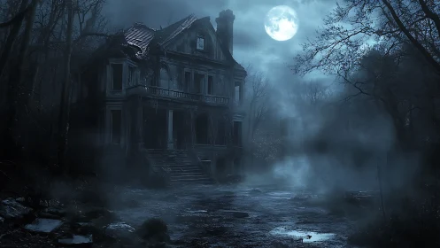 Moonlit derelict Victorian manor in dense foggy woodland
