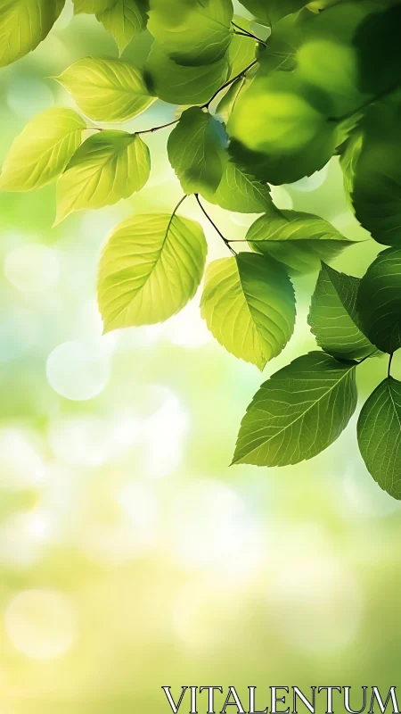 Sunlit green leaves hang softly over a blurred spring sky.