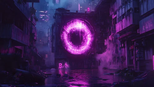 Neon magenta portal dominates flooded cyberpunk alleyway.