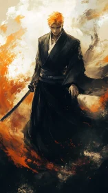 Orange haired swordsman in black robe amid fiery mist.