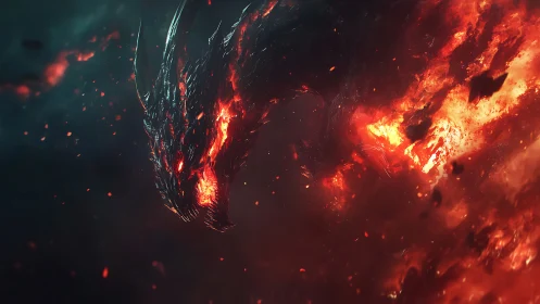 Molten inferno dragon emerging from dark swirling fire.