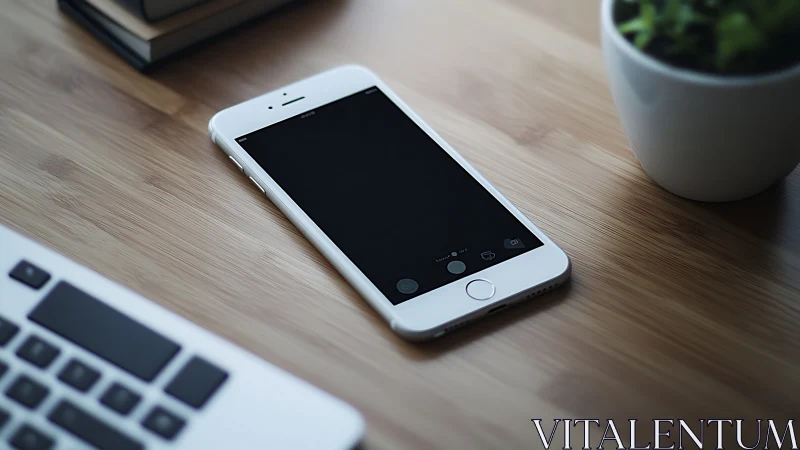 iPhone 5S white model on wooden desk surface with peripheral workspace.
