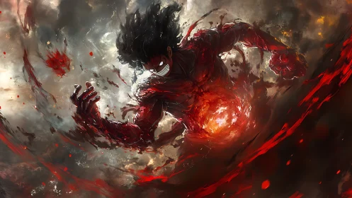 Raging dark hero unleashing raw fiery power in battle.