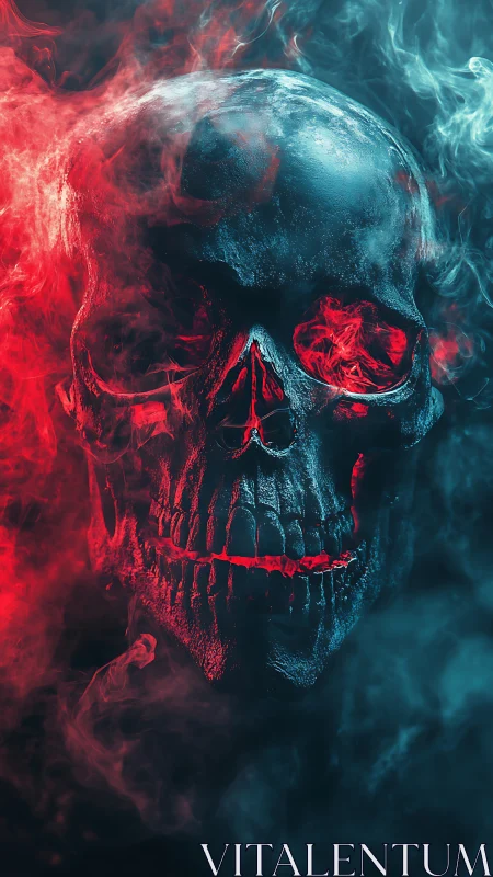 Bicolored smoke skull glows through eerie neon contrast.