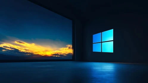Dark interior with glowing blue window logo and sunset view.