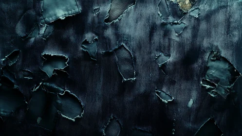 High-contrast macro of distressed teal denim with torn apertures