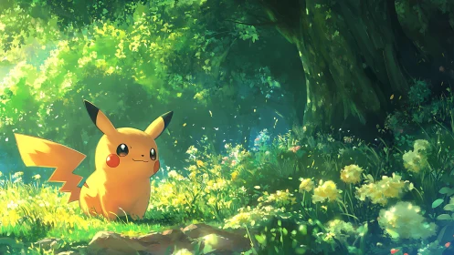 Pikachu resting in luminous forest clearing at sunrise.