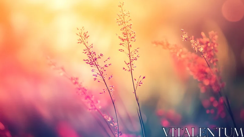 Soft focus wild grasses against blurred sunset light.