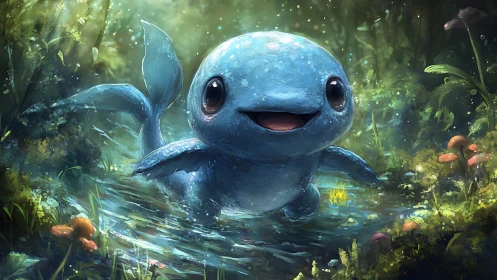 Playful blue creature swims through luminous forest creek