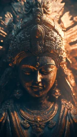 Golden serenity of a radiant goddess statue in sunlight.