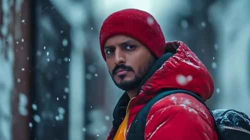 Man in red winter jacket walking through quiet snowfall.