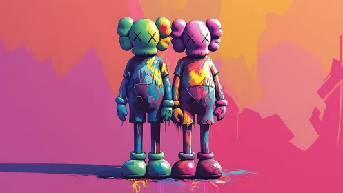 Chromatic vinyl twins in drip-painted urban gradient field