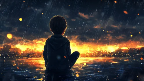Solitary child watches burning city skyline in rain
