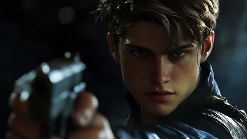 Young gunman locks his aim in a tense cinematic standoff