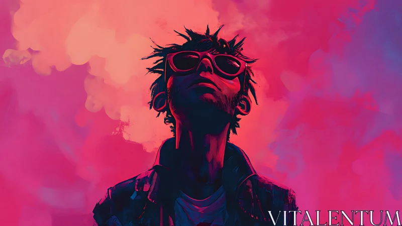 Youthful figure in sunglasses gazes upward through neon haze