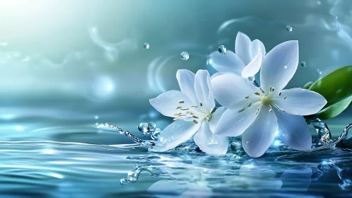 White Flower in Water with Droplets.