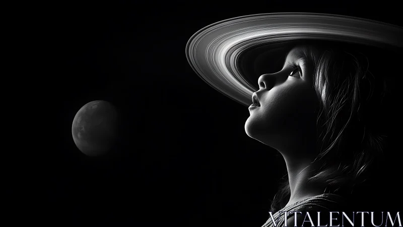 Woman's Profile Gazing at Distant Planet.