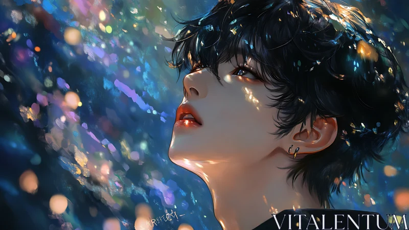 Side profile of youth amid abstract colored light bokeh.