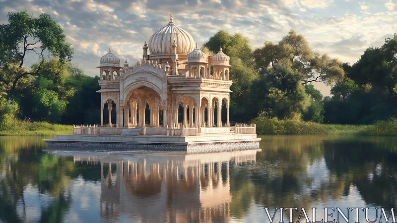 Lakeside domed pavilion with arches in green landscape.
